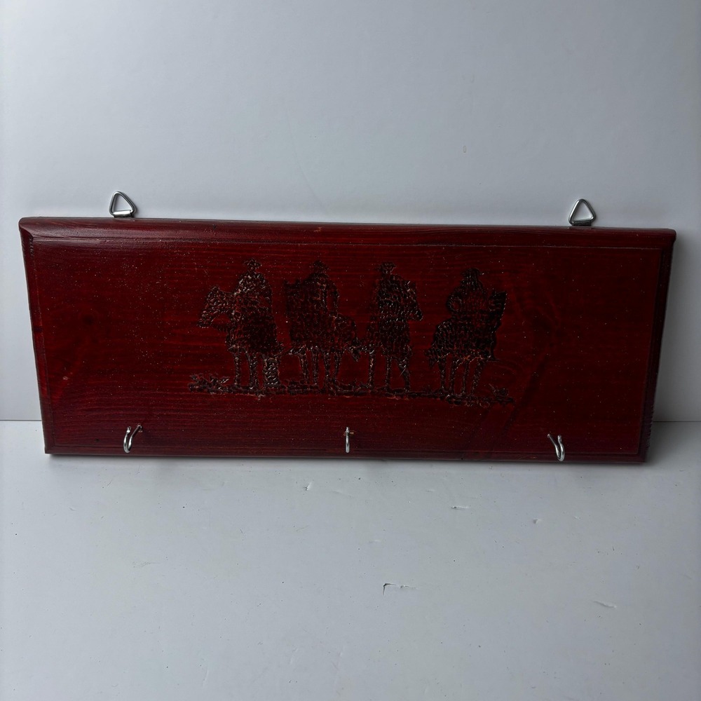 Vintage Cowboy Key Holder Hook Wall Hanger Wood Western Burned Wood Horses